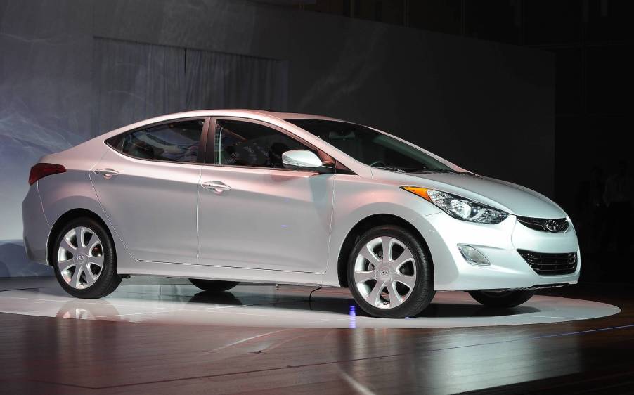 A silver 2011 Hyundai Elantra at the LA Auto Show in Los Angeles on November 18, 2010