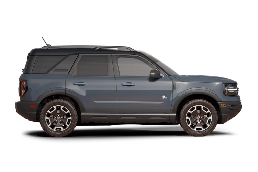 A gray 2021 Ford Bronco Sport against a white backdrop.