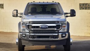 A white 2020 Ford F-600 Super Duty pickup truck with a Godzilla engine