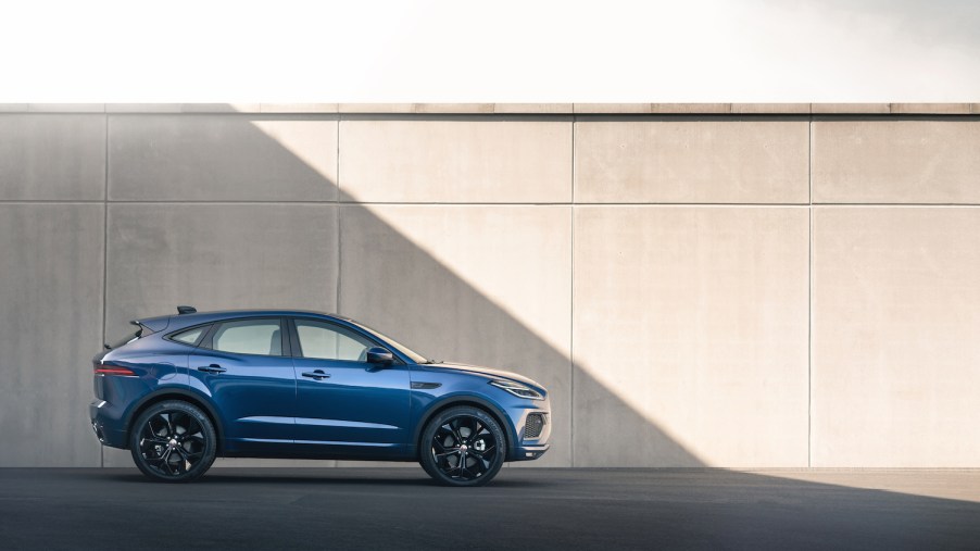 A blue 2021 Jaguar E-Pace parked, the 2021 Jaguar E-Pace is a sporty SUV