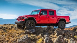 A red 2021 Jeep Gladiator, with a diesel engine, the 2021 Jeep Gladiator is one of the most fuel-efficient new pickups