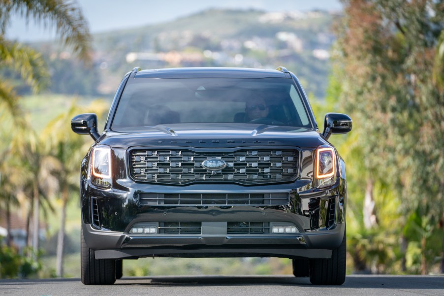 A front-end view of a black 2021 Kia Telluride Nightfall Edition midsize SUV