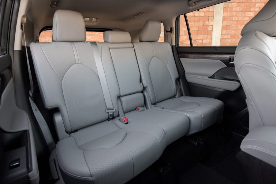 The gray-leather 3rd-row seating of a 2021 Toyota Highlander Platinum midsize SUV