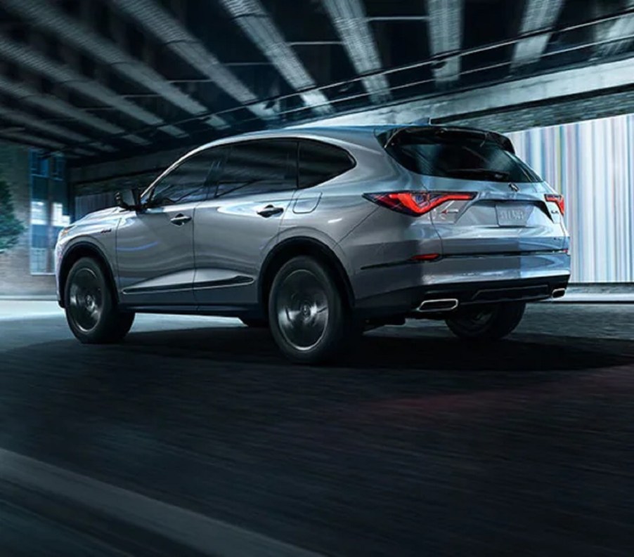 A silver 2022 Acura MDX in a parking garage.