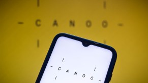 In this photo illustration, the Canoo Inc. logo is displayed on a smartphone screen