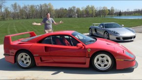 Doug DeMuro with a red Ferrari F40 and a silver Porsche Carrera GT