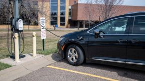 An EV parked at a Level 2 charging station in White Bear Lake, Minnesota, in America's Midwest