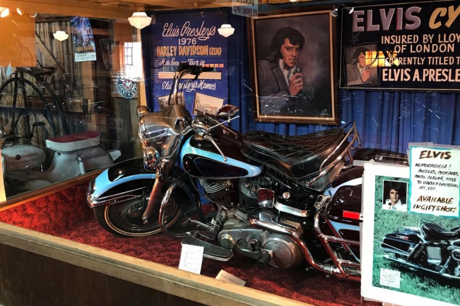 Elvis Presely's Harley-Davidson Electra Glide on display before becoming the one of the most expensive motorcycles in the world