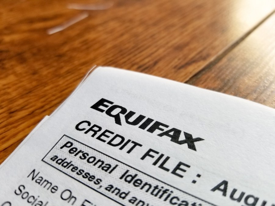 Close-up of the upper left corner of a consumer credit report from the credit bureau Equifax