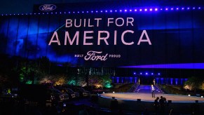 The reveal of the new all-electric Ford F-150 Lightning pickup truck at Ford World Headquarters on May 19, 2021 in Dearborn, Michigan.