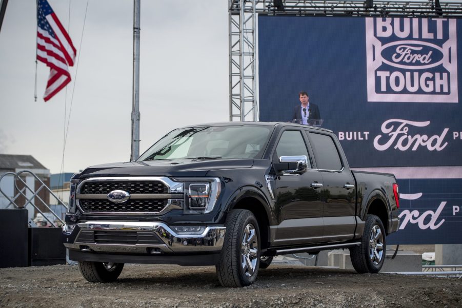 The 2021 Ford F-150 King Ranch Truck appears at the Ford Built for America event at Ford’s Dearborn Truck Plant