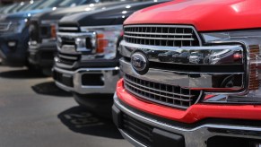 Ford F-150 pickup trucks on a sales lot on May 10, 2018, in Miami, Florida