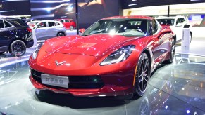 A red corvette on display