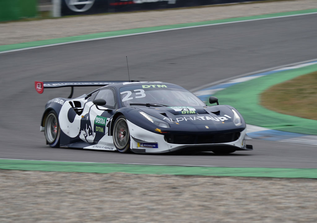 A blue Scuderia Alfa Tauri DTM car at Hockenheim