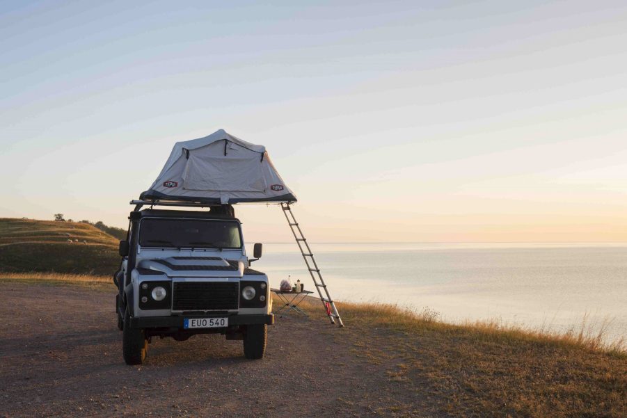 A roof tent mounted on a Land Rover