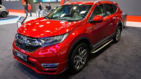 A red Honda CR-V at Brussels Expo on January 9, 2020 in Brussels, Belgium.