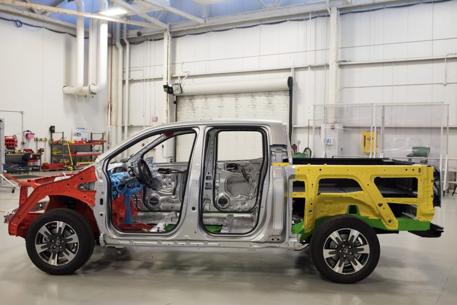 The rolling chassis of a Honda Ridgeline compact pickup truck