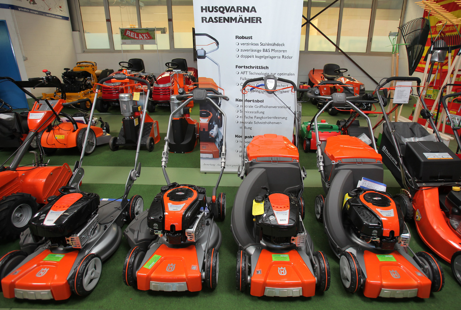 Husqvarna lawn mowers on display, Husqvarna is one of the best lawn mower brands