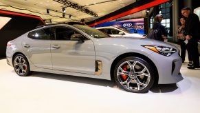 Gray Kia Stinger GT seen at the New York International Auto Show at the Jacob K. Javits Convention Center