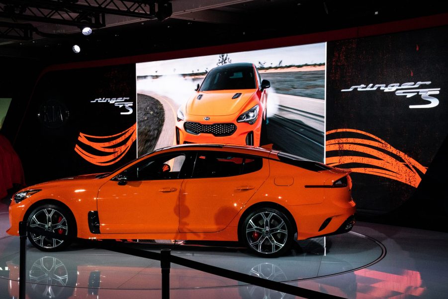 An orange Kia Motors Corp. Stinger vehicle is displayed during the 2019 New York International Auto Show (NYIAS)