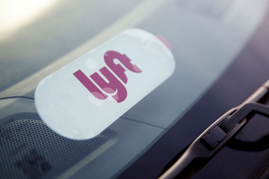 A Lyft decal is displayed on a car window in Los Angeles, California, on Monday, November 13, 2017