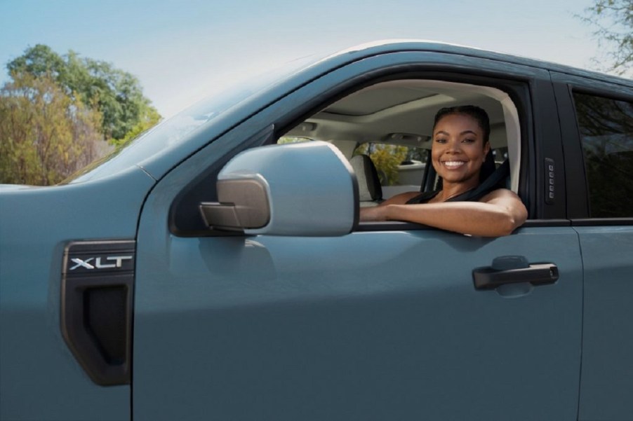 Gabrielle Union sits behind the wheel of a 2021 Ford Maverick.