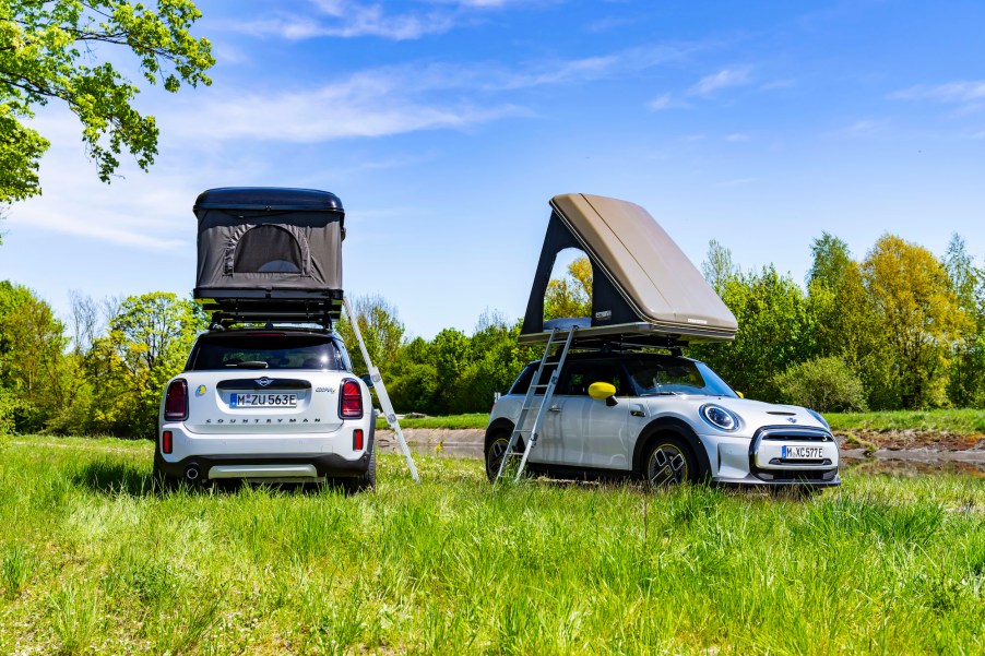 Parked in a field, a white Mini Cooper Countryman and a white Mini Cooper hold rooftop tents