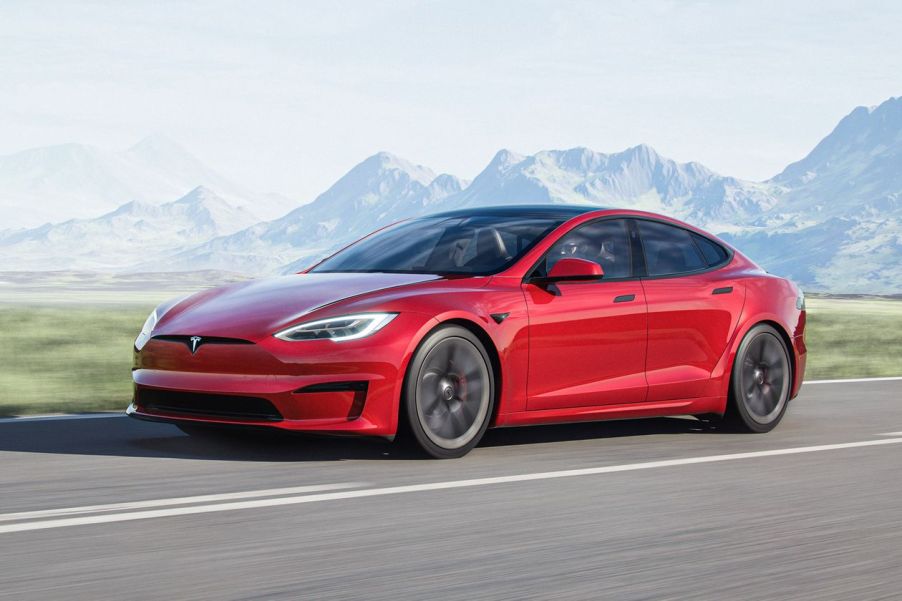 A red Tesla Model S Plaid