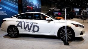 White 2020 Nissan Altima All Wheel Drive is on display at the 112th Annual Chicago Auto Show at McCormick Place