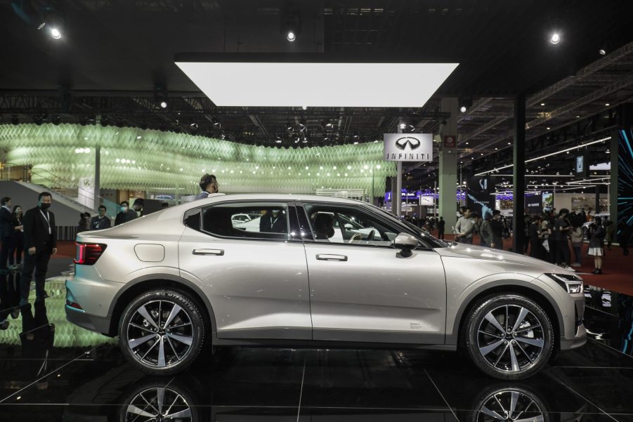 The silver Polestar 2 electric vehicle, manufactured by Polestar AB, jointly owned by Geely Automobile Holdings Ltd. and Volco Car AB, at the Auto Shanghai 2021 show