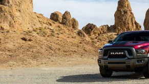 A maroon 2021 Ram 1500 classic in the desert.