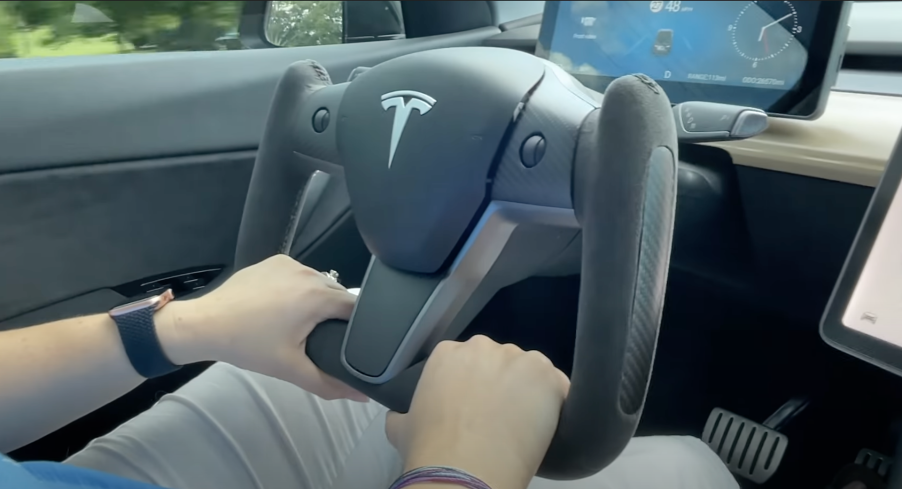 An image of a Tesla Model 3 and Model Y yoke wheel.