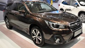 A Subaru Outback is seen during the Vienna Car Show press preview at Messe Wien