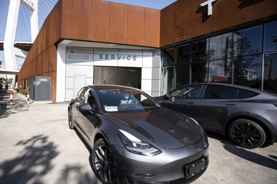 A gray Tesla Inc. Model 3 electric vehicle at the automaker's showroom in Shanghai, China, on Friday, Jan. 8, 2021. Tesla customers in China wanting to get the new locally made Model Y are facing a longer wait, signaling strong initial demand for the Shanghai-built SUV