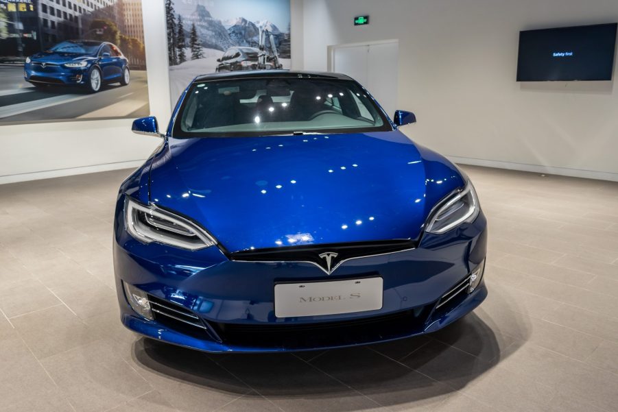 Blue Tesla Model S in the exhibition hall of the newly opened Tesla experience center. Shanghai, China