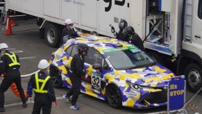 Toyota Corolla hydrogen-powered race car in the pits