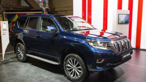 Blue Toyota Land Cruiser off road SUV on display at Brussels Expo