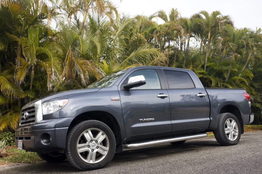 A blue Toyota Tundra off-road pickup truck