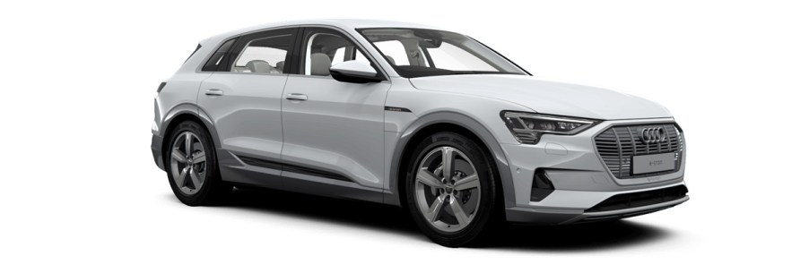 A silver Audi e-tron against a white background. The U.K. e-tron uses camera based mirrors.