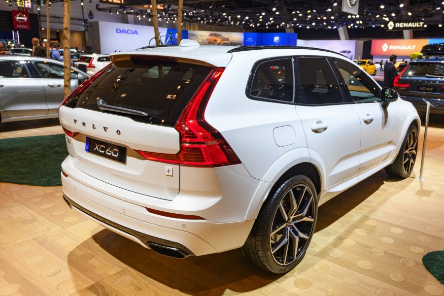 White Volvo XC60 crossover SUV car on display at Brussels Expo