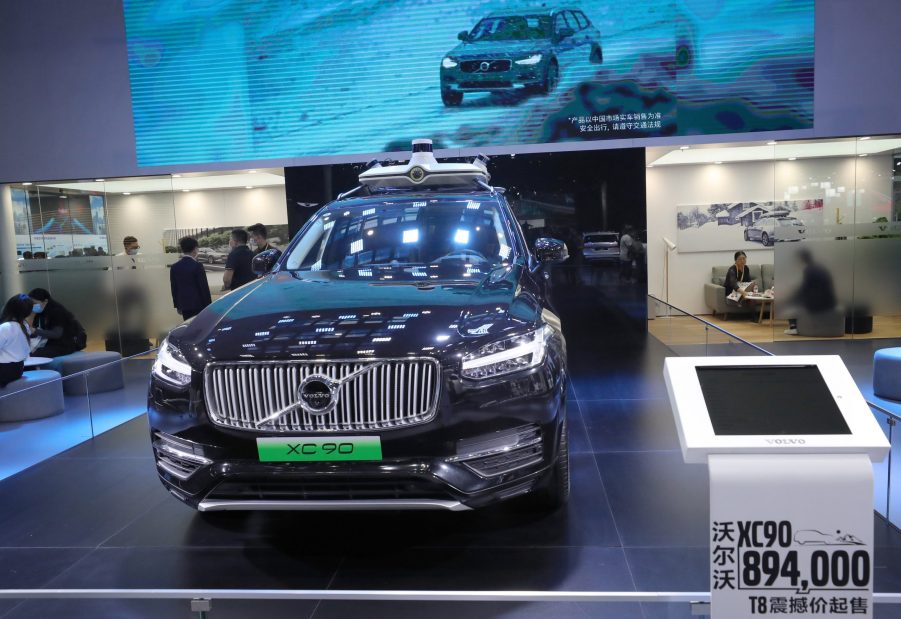 A view of a black Volvo Zenseact autonomous driving XC90 T8 SUV at the third China International Import Expo (CIIE)