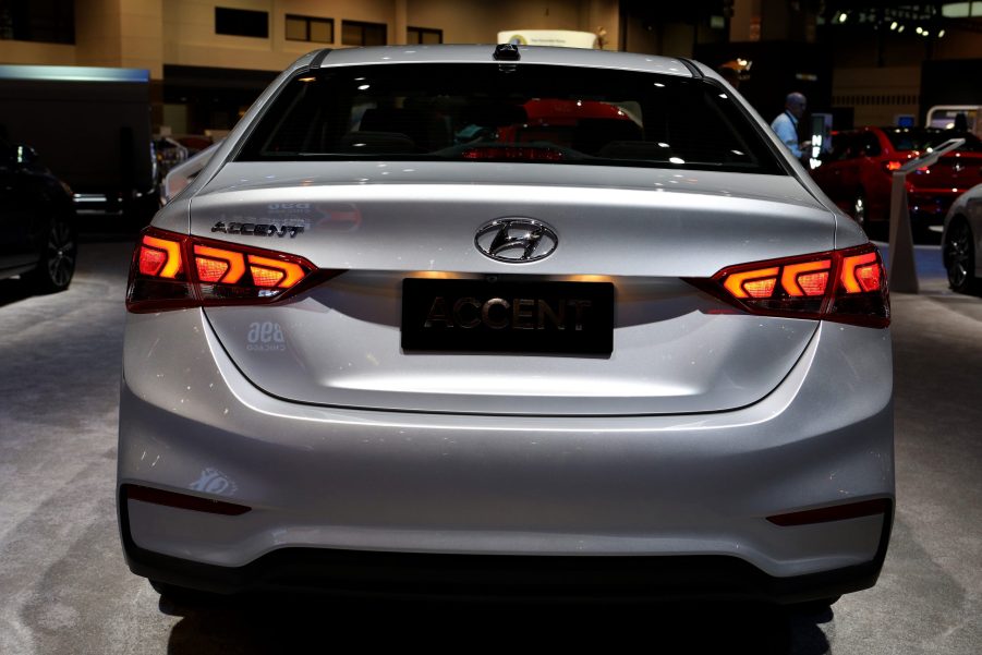 The rear end of a silver 2021 hyundai accent