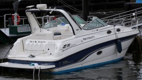 The propeller of the 29-foot boat Naut Guilty, shown here in Charlestown, Massachusetts, cut off a woman's arm