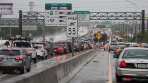 Vehicles with hazard lights on in bumper-to-bumper traffic on Interstate 95 northbound in Miami in September 2018