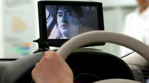 Nissan illustrates its facial recognition system, monitoring a driver's face to detect signs of drowsiness