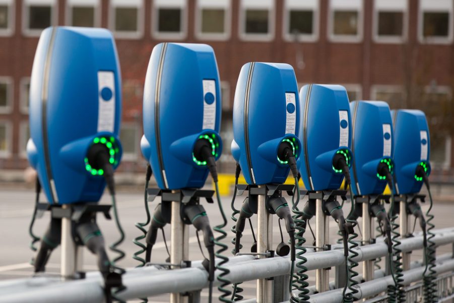 A row of electric vehicle chargers