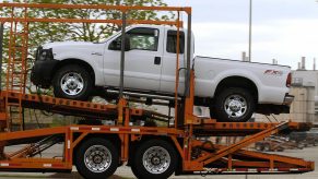 A white Ford F-350 pickup truck on the the way out of the Kentucky plant