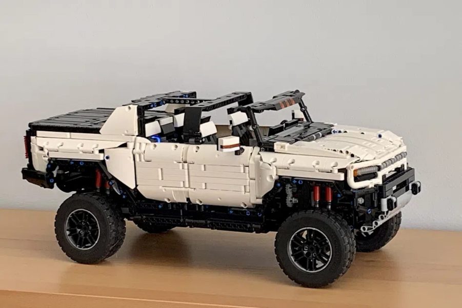 A white Lego model of a Hummer EV