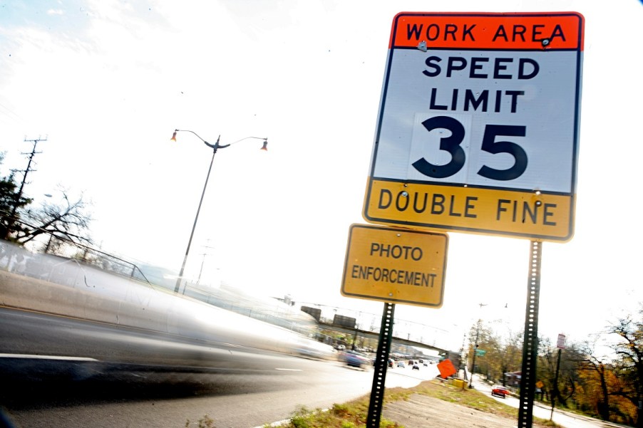 A speed limit sign in the city.