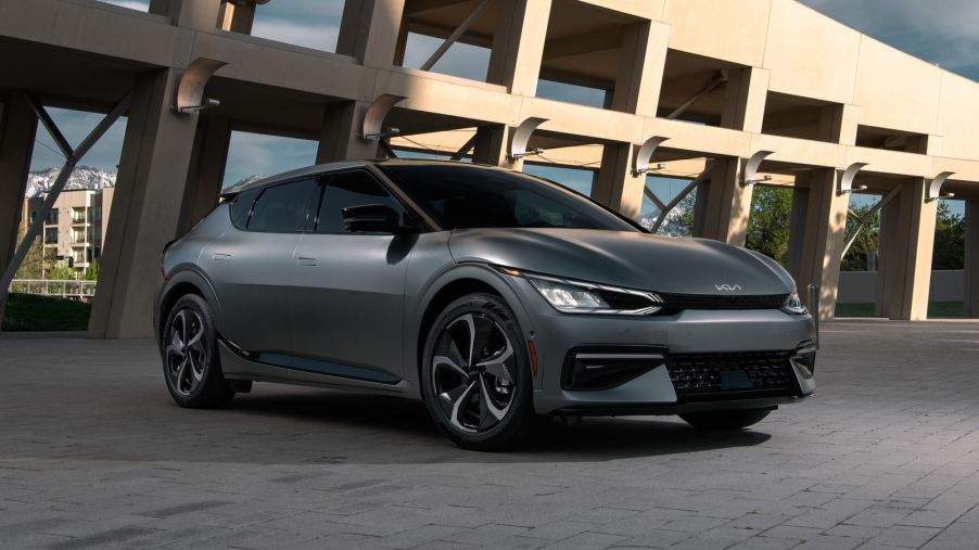 The 2022 Kia EV6 parked in front of a building